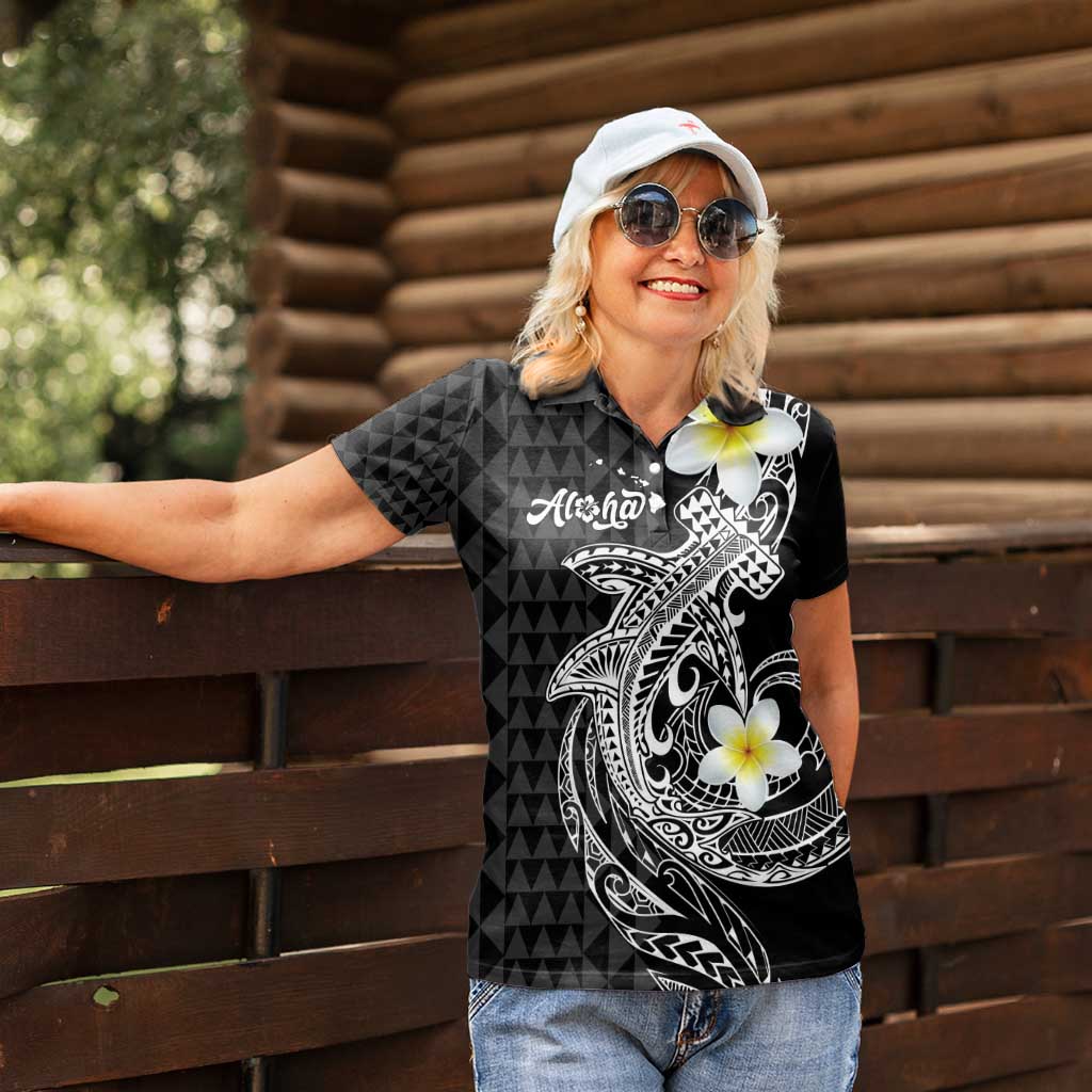 Aloha Hammerhead Shark Women Polo Shirt Black Hawaiian Kakau Tribal Tattoo