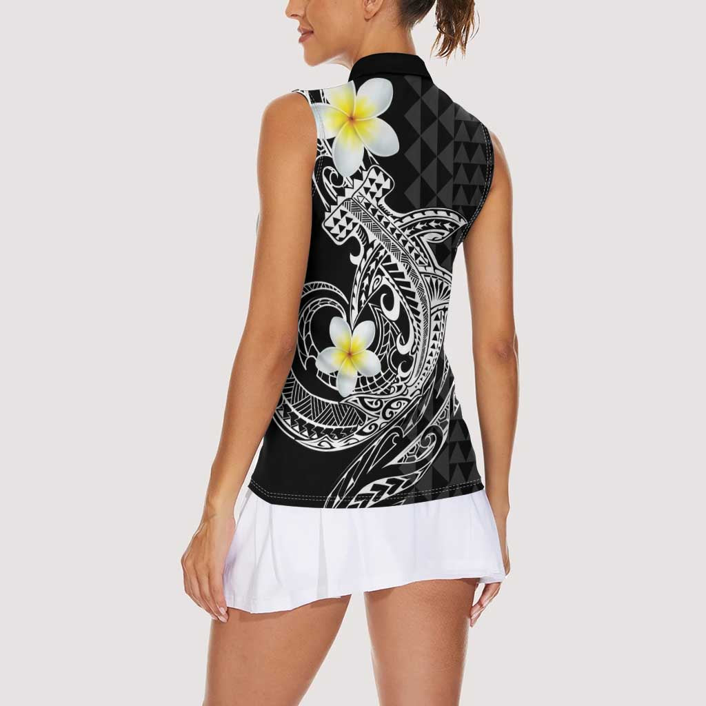 Aloha Hammerhead Shark Women Sleeveless Polo Shirt Black Hawaiian Kakau Tribal Tattoo