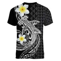 Aloha Hammerhead Shark Women V-Neck T-Shirt Black Hawaiian Kakau Tribal Tattoo