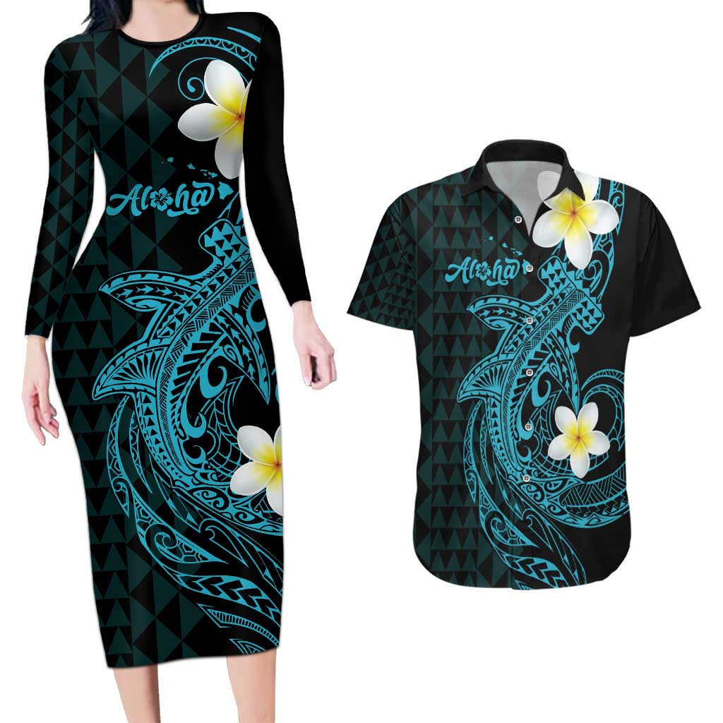 Aloha Hammerhead Shark Couples Matching Long Sleeve Bodycon Dress and Hawaiian Shirt Calypso Hawaiian Kakau Tribal Tattoo