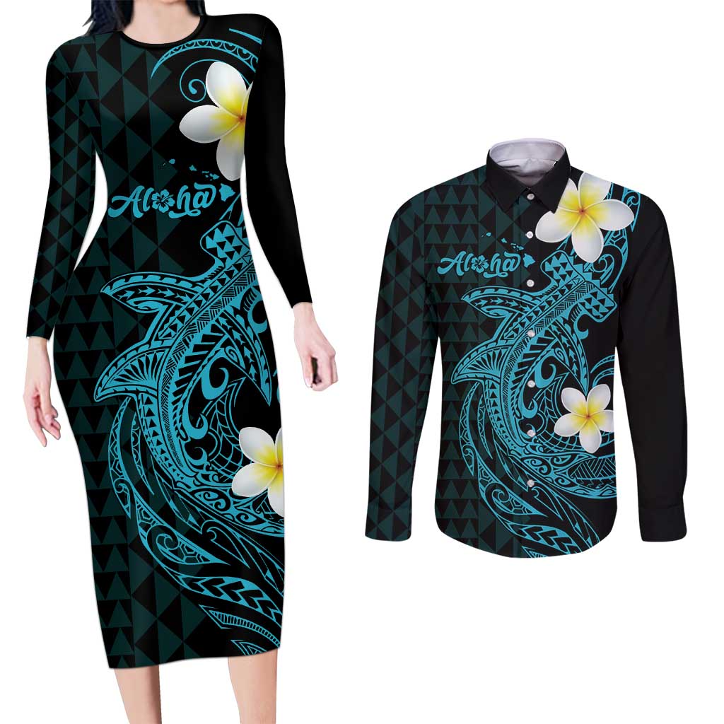 Aloha Hammerhead Shark Couples Matching Long Sleeve Bodycon Dress and Long Sleeve Button Shirt Calypso Hawaiian Kakau Tribal Tattoo