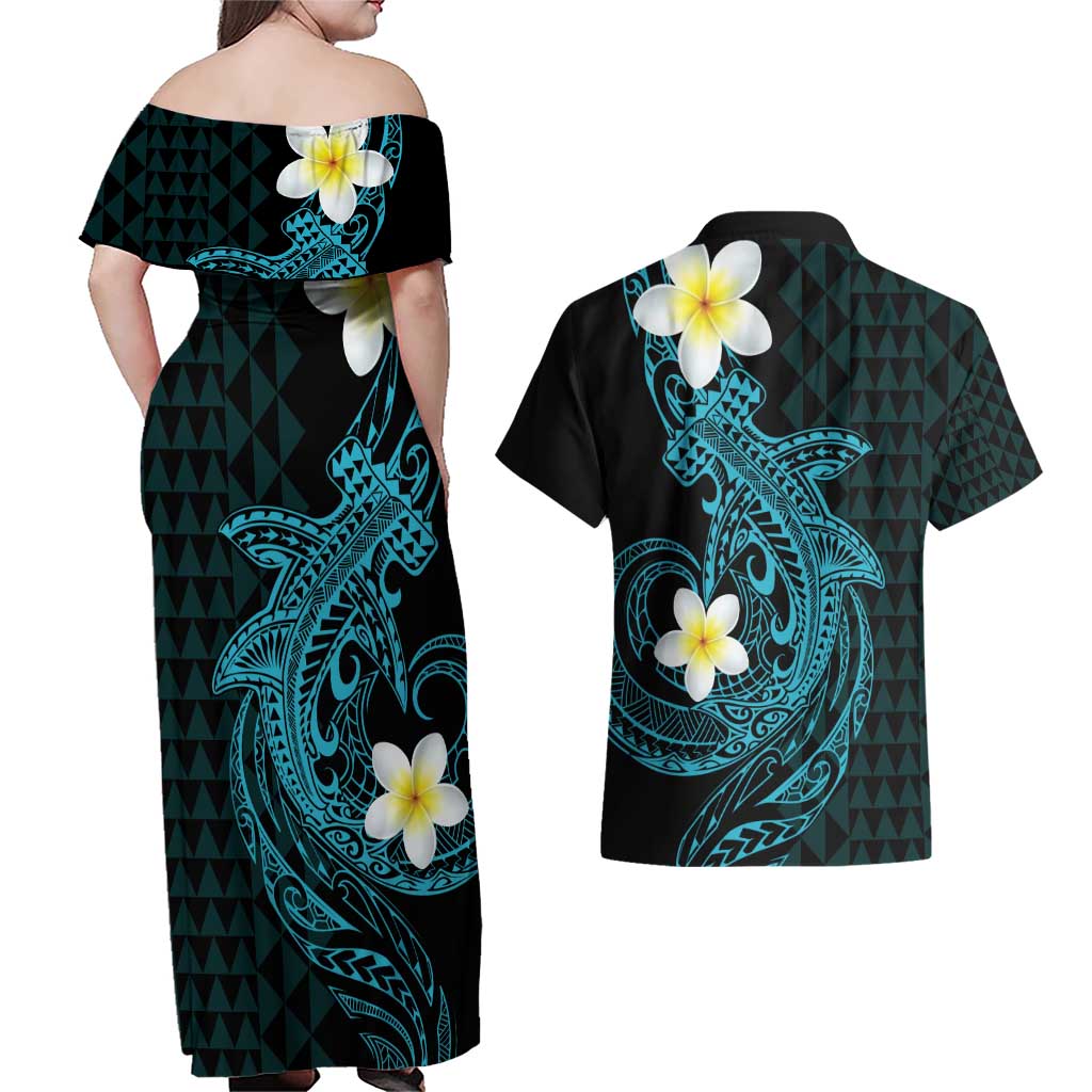 Aloha Hammerhead Shark Couples Matching Off Shoulder Maxi Dress and Hawaiian Shirt Calypso Hawaiian Kakau Tribal Tattoo