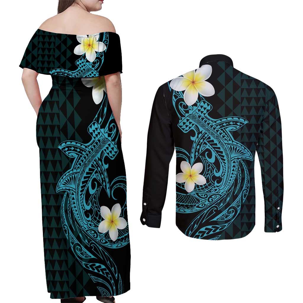 Aloha Hammerhead Shark Couples Matching Off Shoulder Maxi Dress and Long Sleeve Button Shirt Calypso Hawaiian Kakau Tribal Tattoo