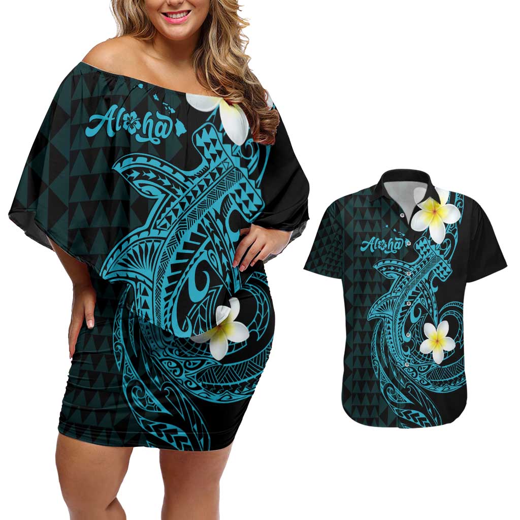 Aloha Hammerhead Shark Couples Matching Off Shoulder Short Dress and Hawaiian Shirt Calypso Hawaiian Kakau Tribal Tattoo