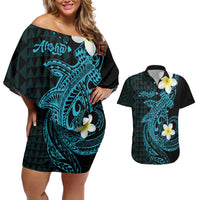 Aloha Hammerhead Shark Couples Matching Off Shoulder Short Dress and Hawaiian Shirt Calypso Hawaiian Kakau Tribal Tattoo