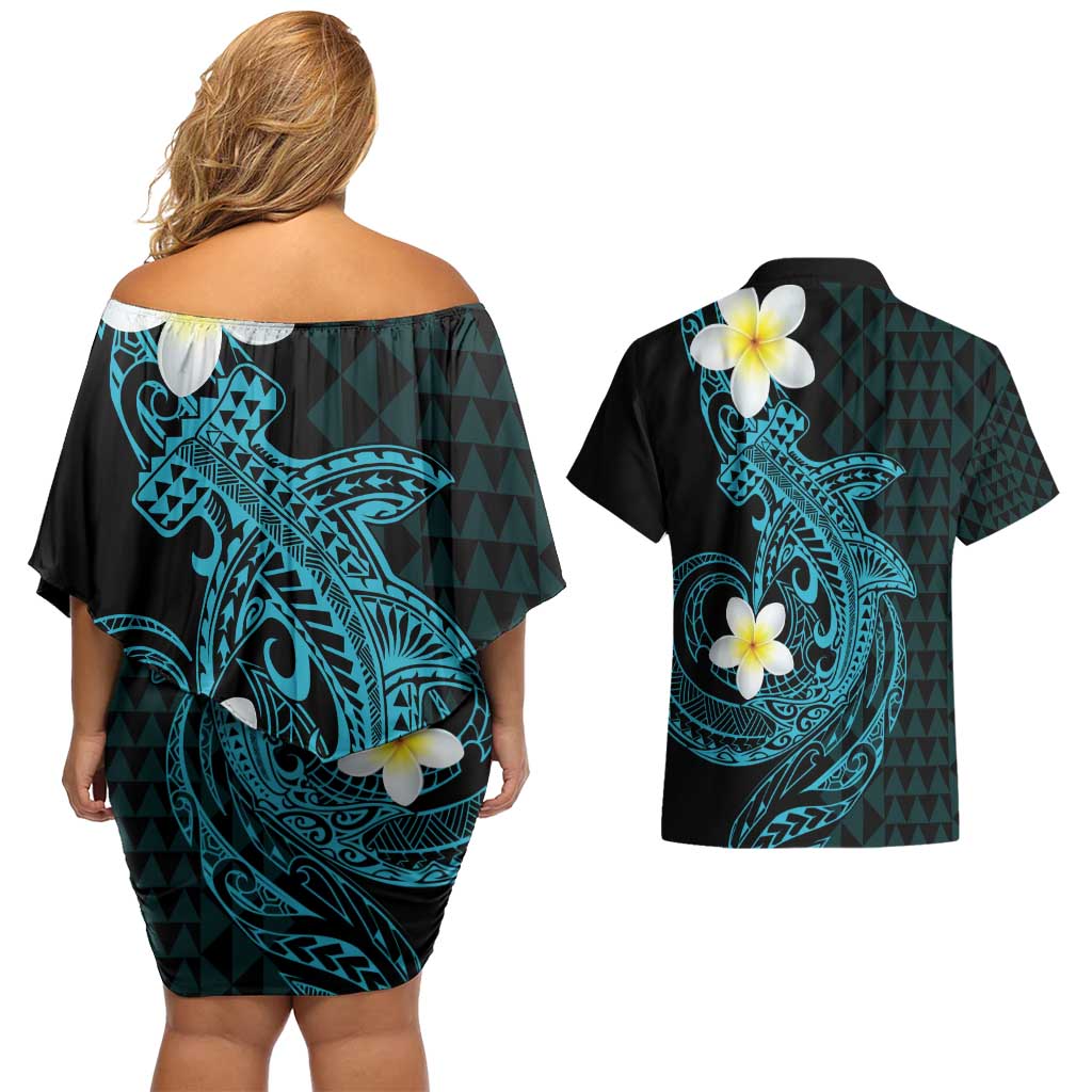 Aloha Hammerhead Shark Couples Matching Off Shoulder Short Dress and Hawaiian Shirt Calypso Hawaiian Kakau Tribal Tattoo