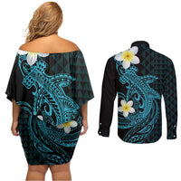 Aloha Hammerhead Shark Couples Matching Off Shoulder Short Dress and Long Sleeve Button Shirt Calypso Hawaiian Kakau Tribal Tattoo