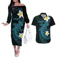 Aloha Hammerhead Shark Couples Matching Off The Shoulder Long Sleeve Dress and Hawaiian Shirt Calypso Hawaiian Kakau Tribal Tattoo