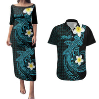 Aloha Hammerhead Shark Couples Matching Puletasi and Hawaiian Shirt Calypso Hawaiian Kakau Tribal Tattoo