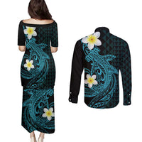 Aloha Hammerhead Shark Couples Matching Puletasi and Long Sleeve Button Shirt Calypso Hawaiian Kakau Tribal Tattoo
