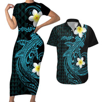 Aloha Hammerhead Shark Couples Matching Short Sleeve Bodycon Dress and Hawaiian Shirt Calypso Hawaiian Kakau Tribal Tattoo