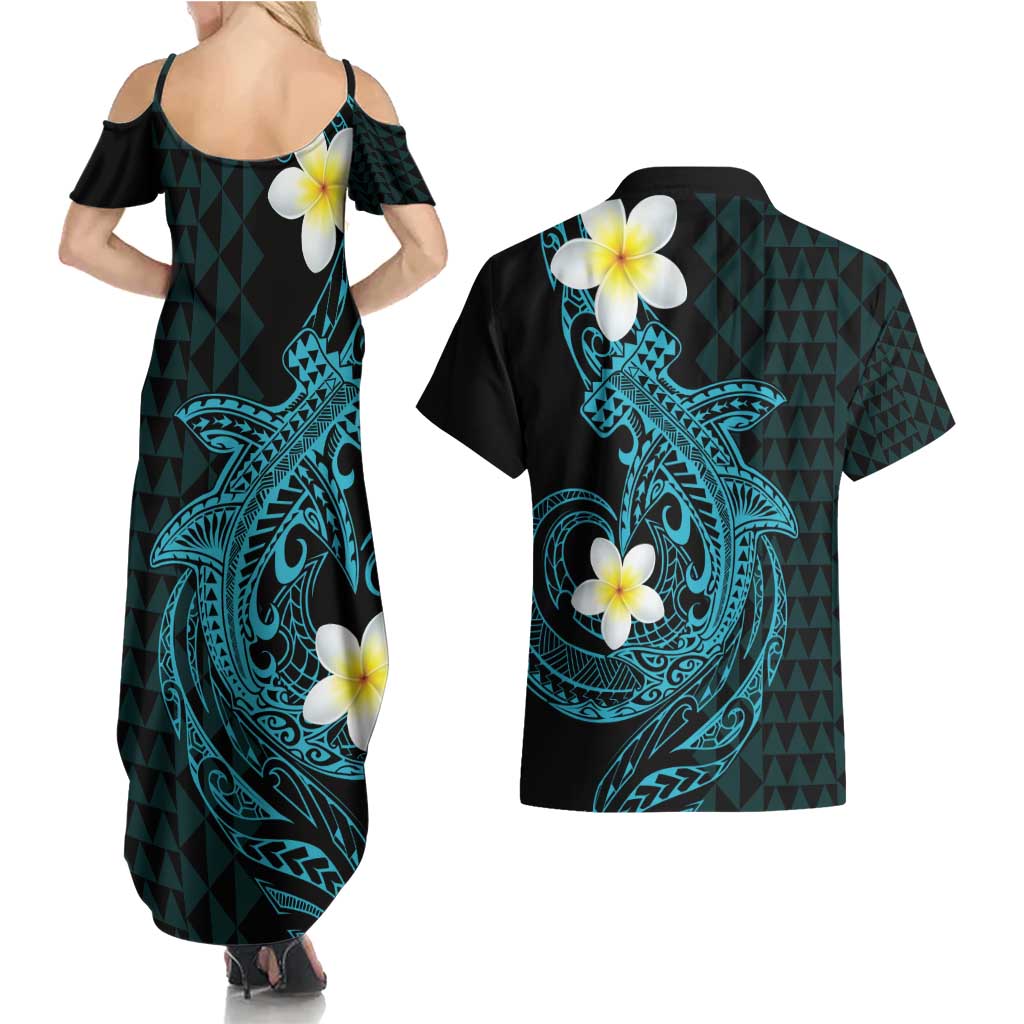 Aloha Hammerhead Shark Couples Matching Summer Maxi Dress and Hawaiian Shirt Calypso Hawaiian Kakau Tribal Tattoo