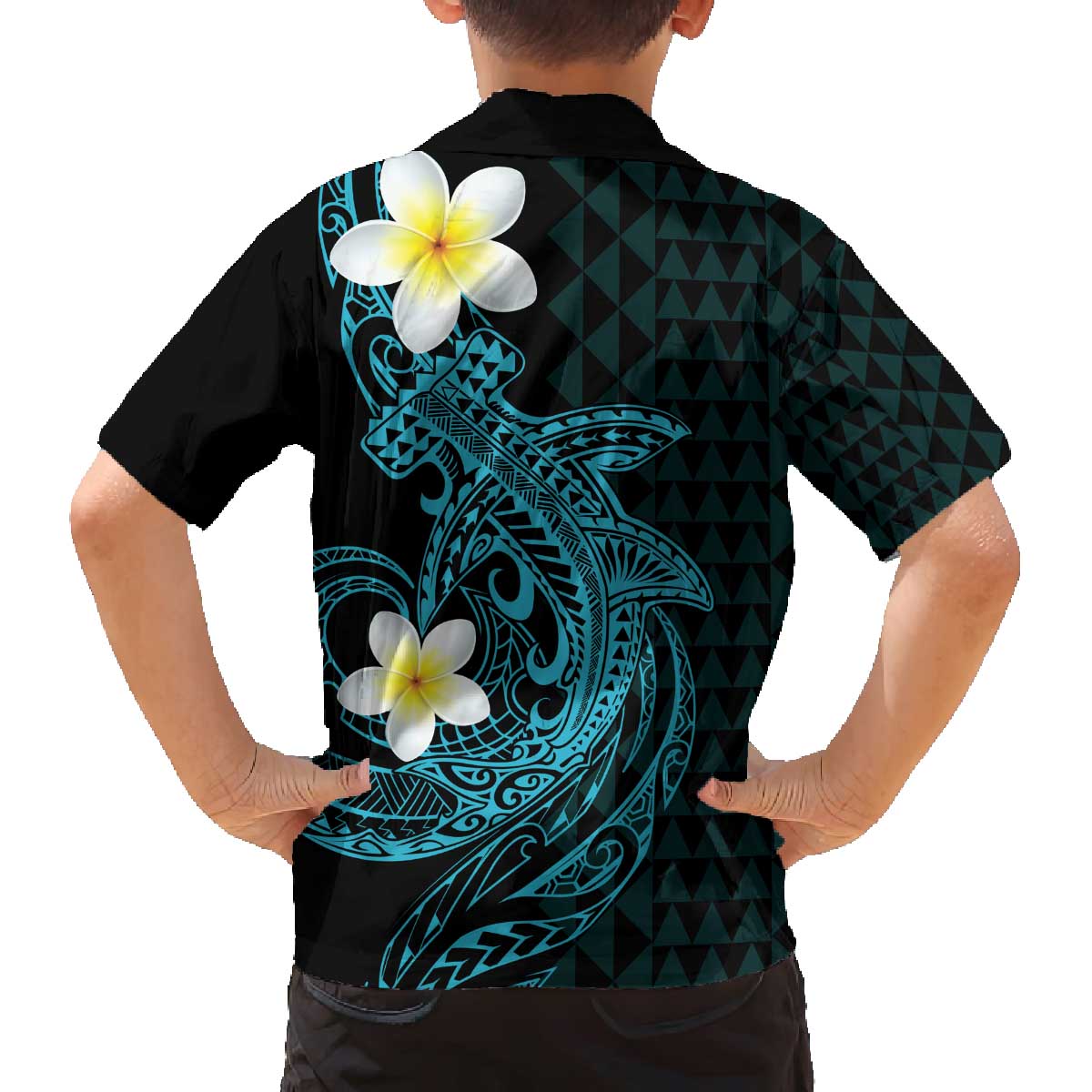 Aloha Hammerhead Shark Family Matching Off The Shoulder Long Sleeve Dress and Hawaiian Shirt Calypso Hawaiian Kakau Tribal Tattoo