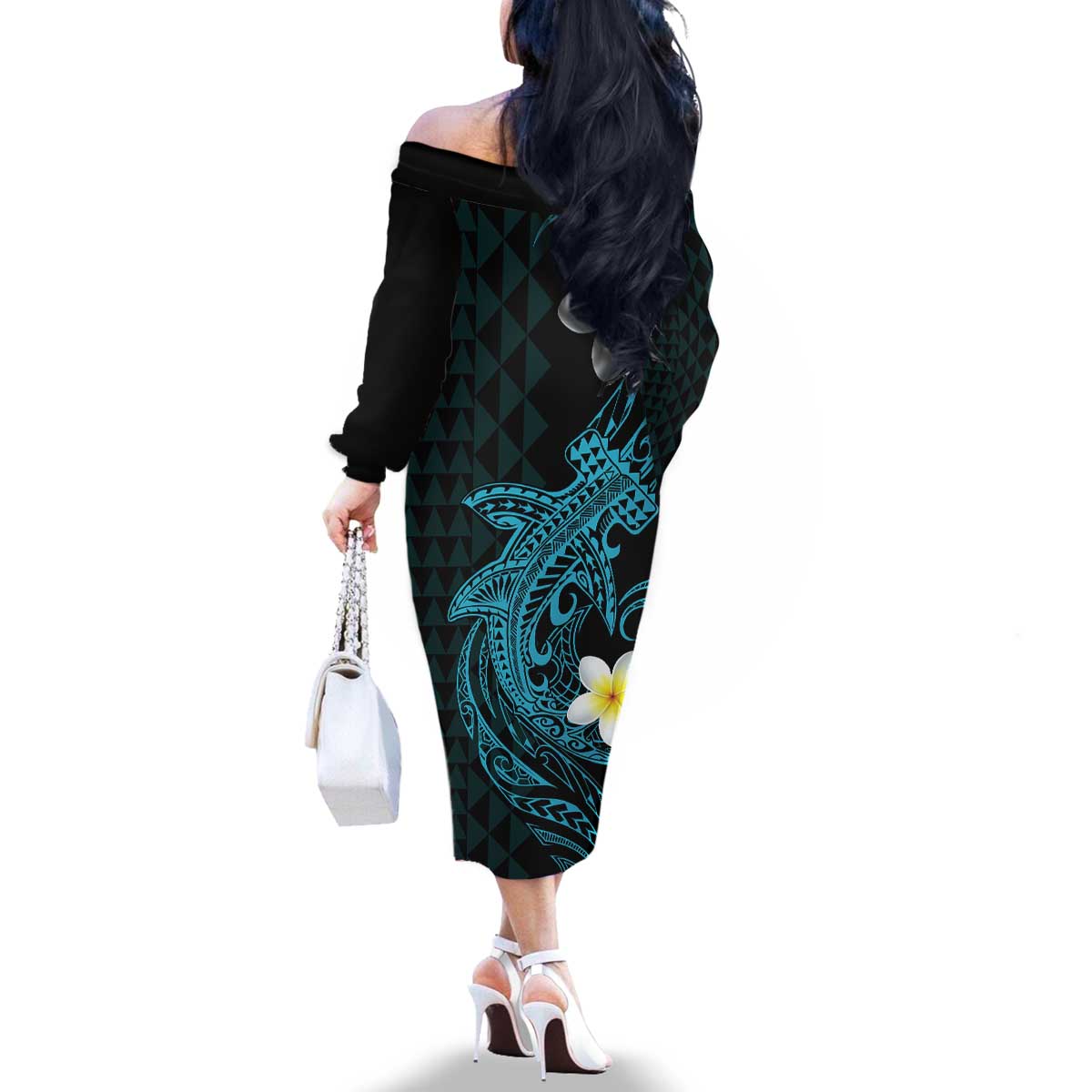 Aloha Hammerhead Shark Family Matching Off The Shoulder Long Sleeve Dress and Hawaiian Shirt Calypso Hawaiian Kakau Tribal Tattoo