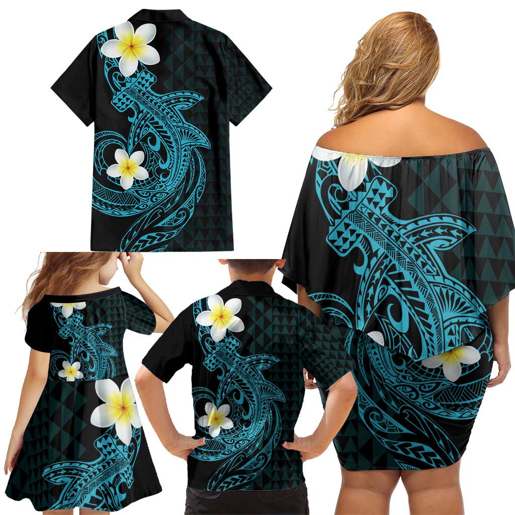 Aloha Hammerhead Shark Family Matching Off Shoulder Short Dress and Hawaiian Shirt Calypso Hawaiian Kakau Tribal Tattoo