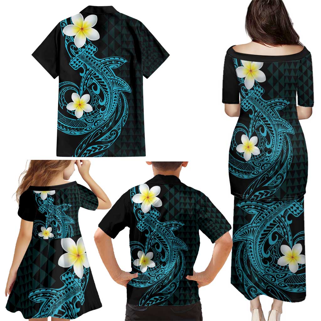 Aloha Hammerhead Shark Family Matching Puletasi and Hawaiian Shirt Calypso Hawaiian Kakau Tribal Tattoo