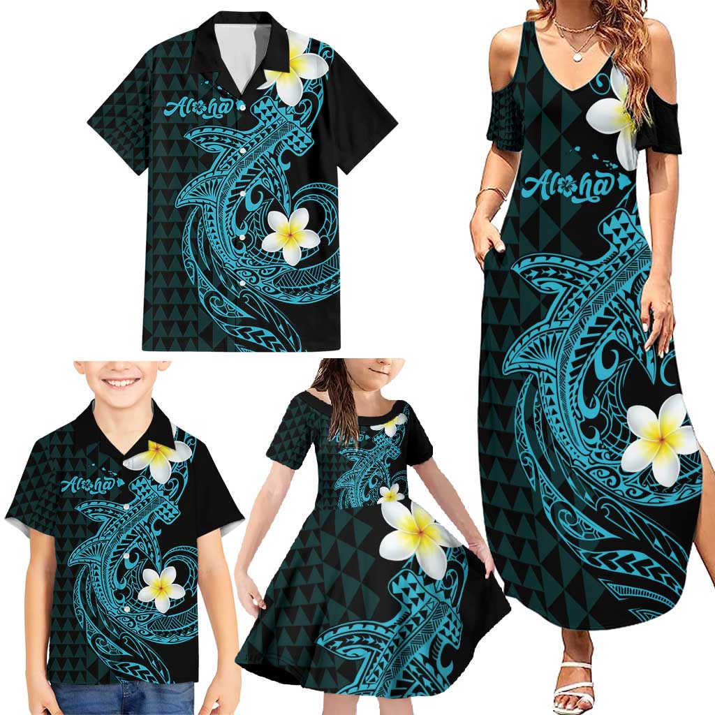 Aloha Hammerhead Shark Family Matching Summer Maxi Dress and Hawaiian Shirt Calypso Hawaiian Kakau Tribal Tattoo