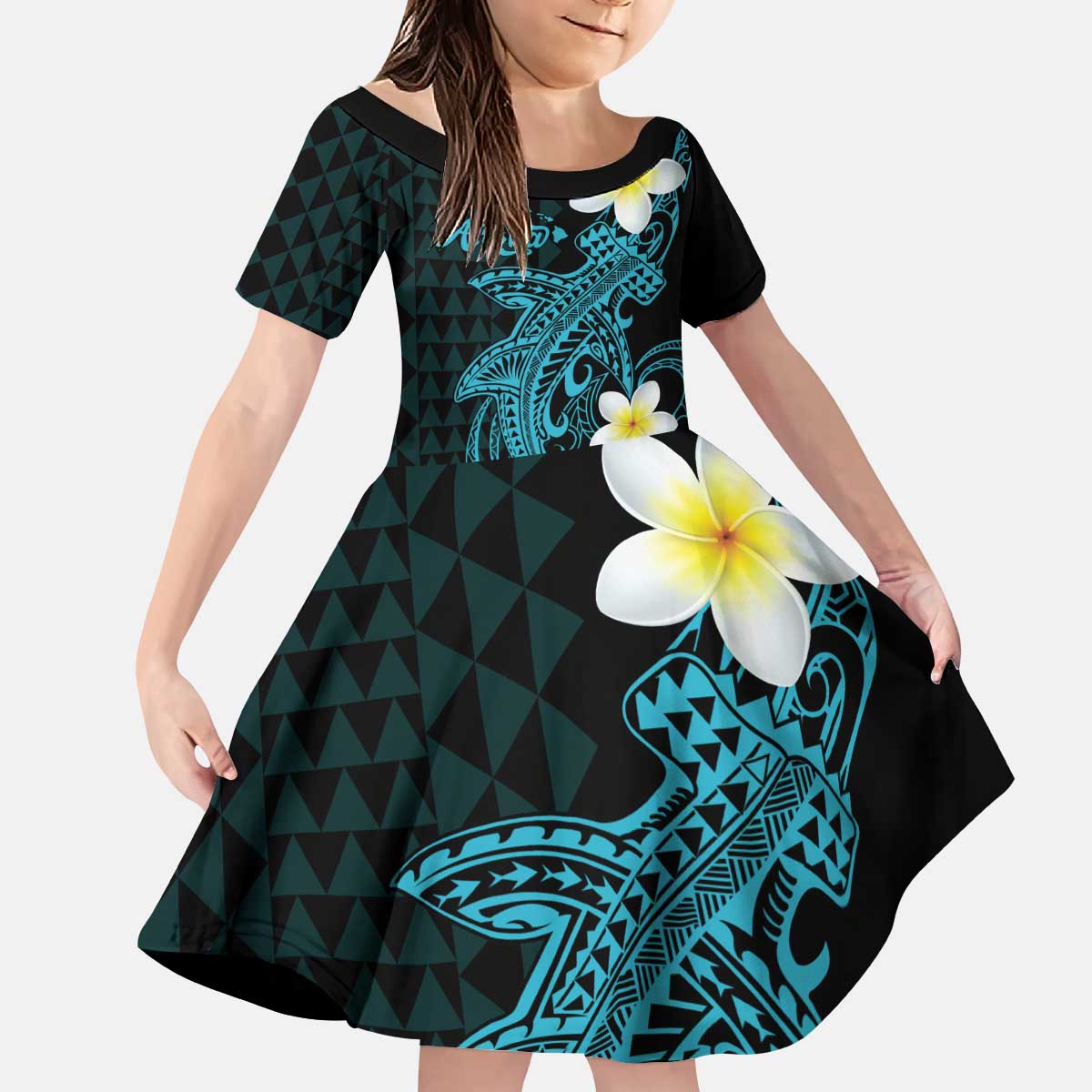 Aloha Hammerhead Shark Kid Short Sleeve Dress Calypso Hawaiian Kakau Tribal Tattoo