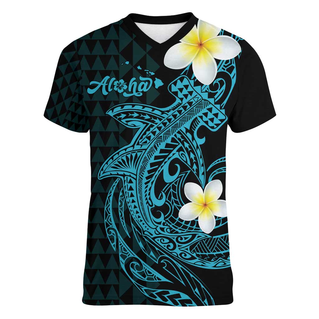 Aloha Hammerhead Shark Women V-Neck T-Shirt Calypso Hawaiian Kakau Tribal Tattoo