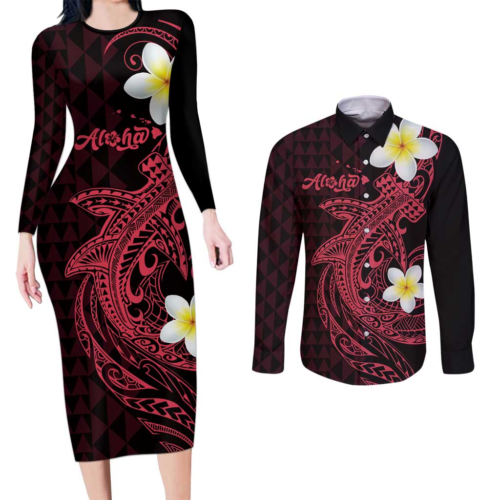 Aloha Hammerhead Shark Couples Matching Long Sleeve Bodycon Dress and Long Sleeve Button Shirt Feverish Pink Hawaiian Kakau Tribal Tattoo