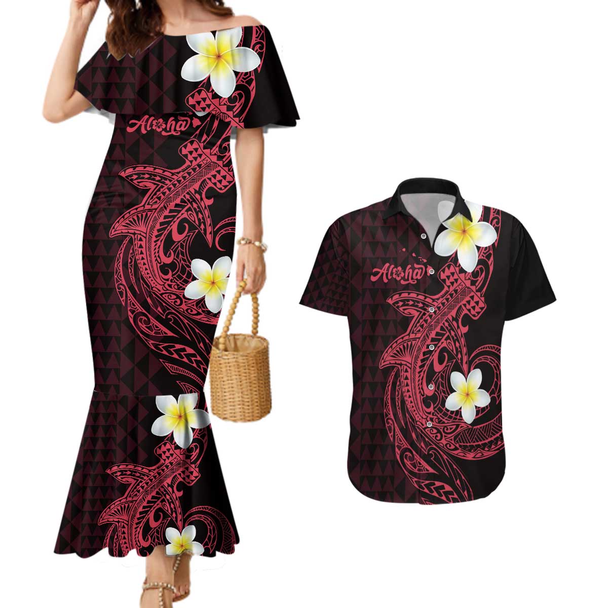 Aloha Hammerhead Shark Couples Matching Mermaid Dress and Hawaiian Shirt Feverish Pink Hawaiian Kakau Tribal Tattoo