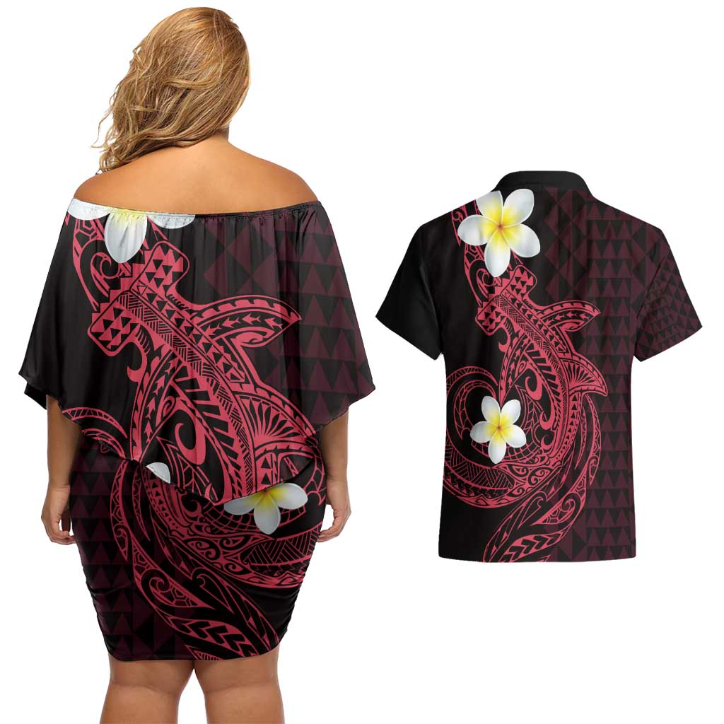 Aloha Hammerhead Shark Couples Matching Off Shoulder Short Dress and Hawaiian Shirt Feverish Pink Hawaiian Kakau Tribal Tattoo