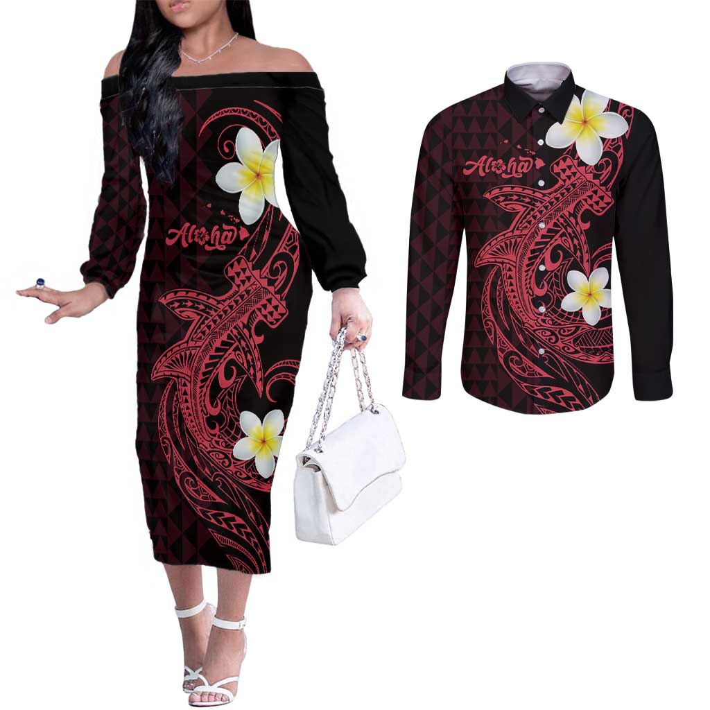 Aloha Hammerhead Shark Couples Matching Off The Shoulder Long Sleeve Dress and Long Sleeve Button Shirt Feverish Pink Hawaiian Kakau Tribal Tattoo