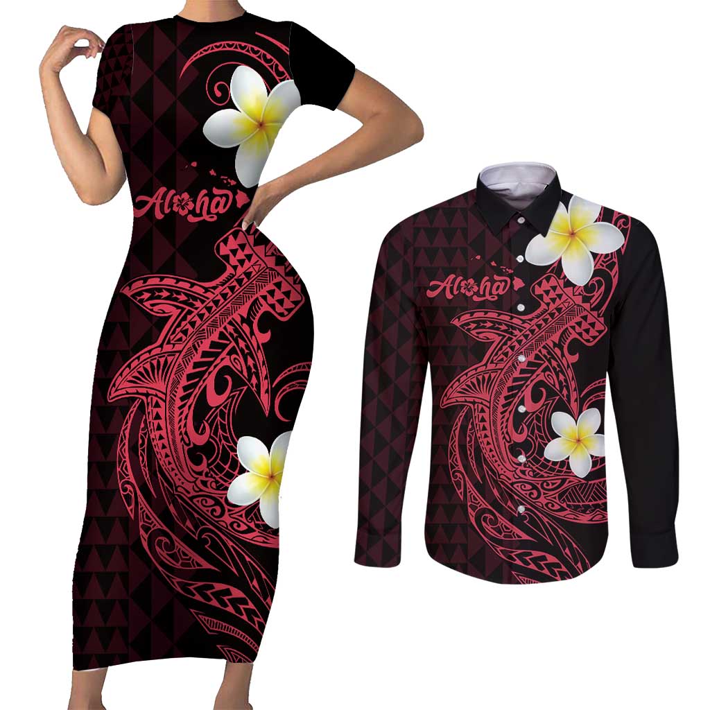 Aloha Hammerhead Shark Couples Matching Short Sleeve Bodycon Dress and Long Sleeve Button Shirt Feverish Pink Hawaiian Kakau Tribal Tattoo