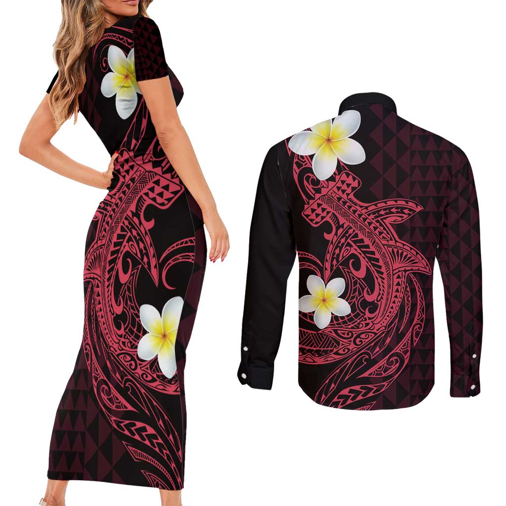 Aloha Hammerhead Shark Couples Matching Short Sleeve Bodycon Dress and Long Sleeve Button Shirt Feverish Pink Hawaiian Kakau Tribal Tattoo
