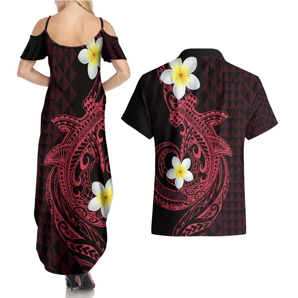 Aloha Hammerhead Shark Couples Matching Summer Maxi Dress and Hawaiian Shirt Feverish Pink Hawaiian Kakau Tribal Tattoo