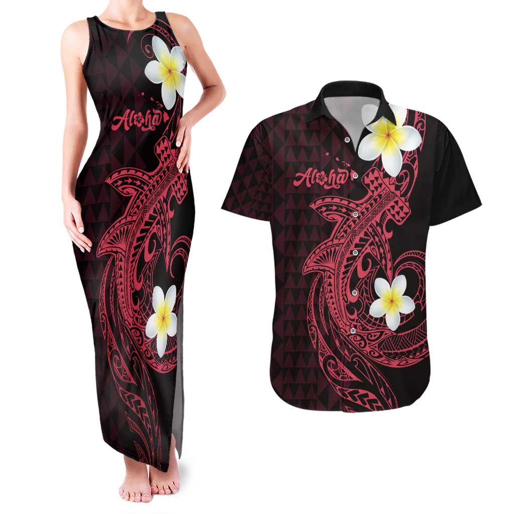 Aloha Hammerhead Shark Couples Matching Tank Maxi Dress and Hawaiian Shirt Feverish Pink Hawaiian Kakau Tribal Tattoo