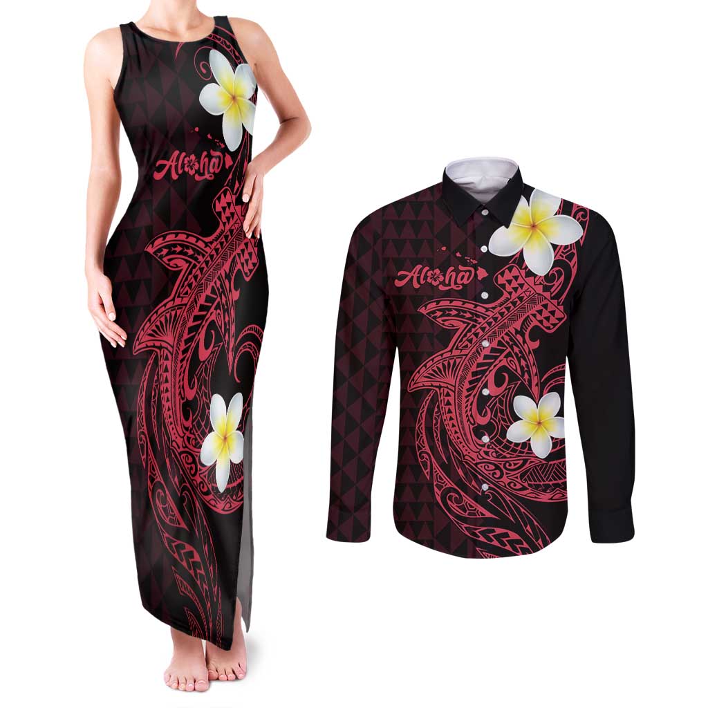 Aloha Hammerhead Shark Couples Matching Tank Maxi Dress and Long Sleeve Button Shirt Feverish Pink Hawaiian Kakau Tribal Tattoo