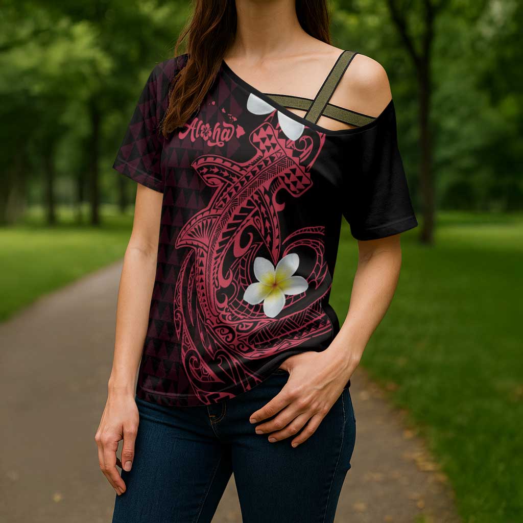 Aloha Hammerhead Shark Cross Shoulder Shirt Feverish Pink Hawaiian Kakau Tribal Tattoo - Polynesian Pride