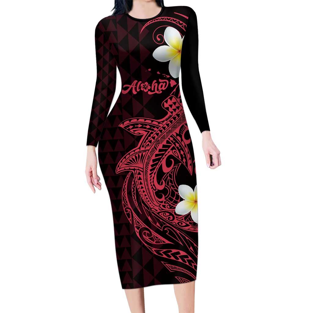 Aloha Hammerhead Shark Family Matching Long Sleeve Bodycon Dress and Hawaiian Shirt Feverish Pink Hawaiian Kakau Tribal Tattoo