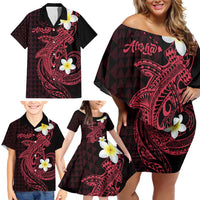 Aloha Hammerhead Shark Family Matching Off Shoulder Short Dress and Hawaiian Shirt Feverish Pink Hawaiian Kakau Tribal Tattoo