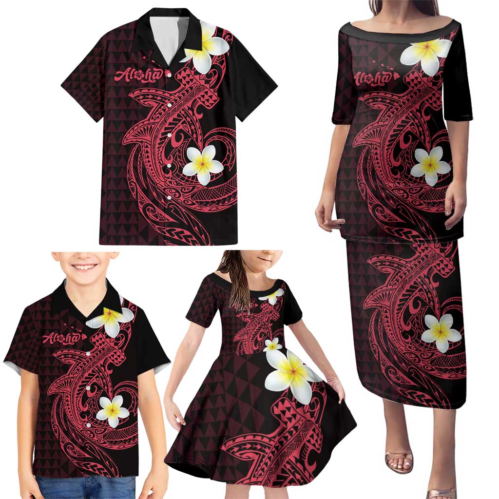 Aloha Hammerhead Shark Family Matching Puletasi and Hawaiian Shirt Feverish Pink Hawaiian Kakau Tribal Tattoo