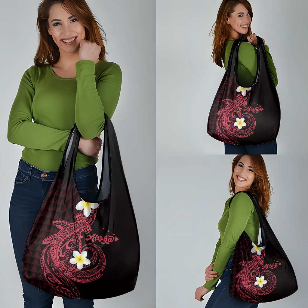 Aloha Hammerhead Shark Grocery Bag Feverish Pink Hawaiian Kakau Tribal Tattoo