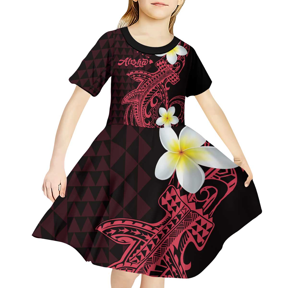 Aloha Hammerhead Shark Kid Short Sleeve Dress Feverish Pink Hawaiian Kakau Tribal Tattoo