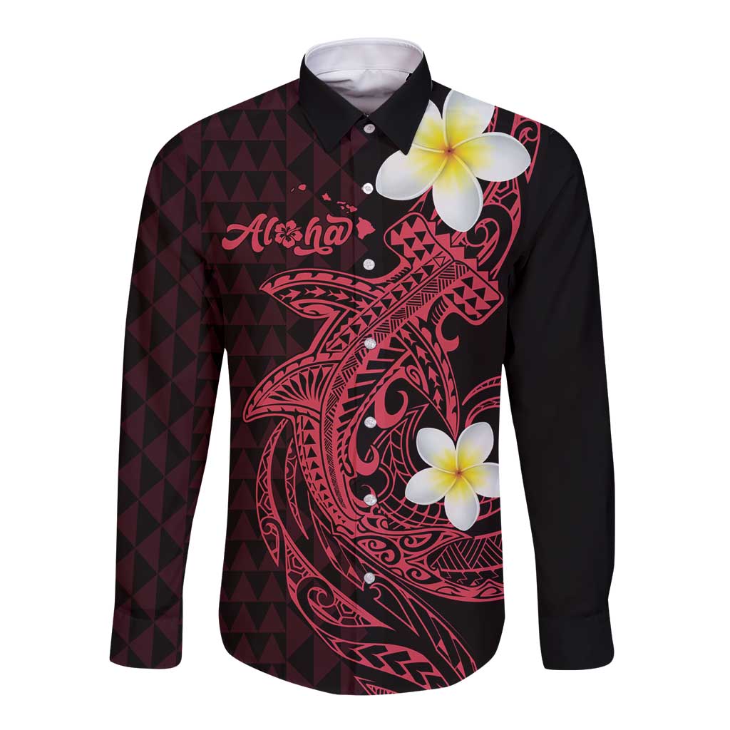 Aloha Hammerhead Shark Long Sleeve Button Shirt Feverish Pink Hawaiian Kakau Tribal Tattoo