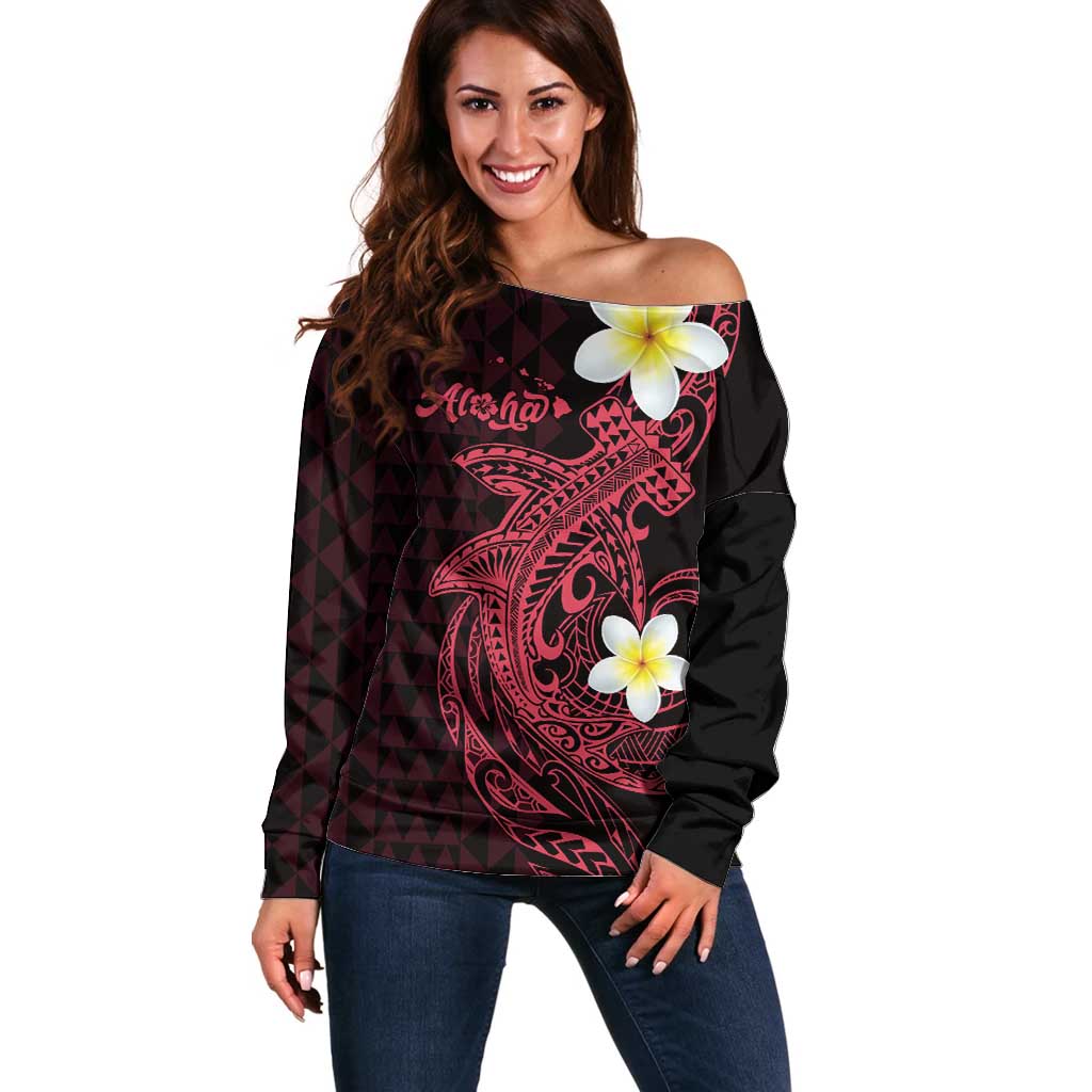 Aloha Hammerhead Shark Off Shoulder Sweater Feverish Pink Hawaiian Kakau Tribal Tattoo