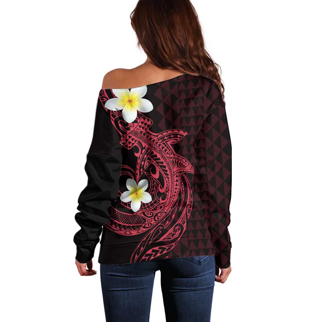 Aloha Hammerhead Shark Off Shoulder Sweater Feverish Pink Hawaiian Kakau Tribal Tattoo