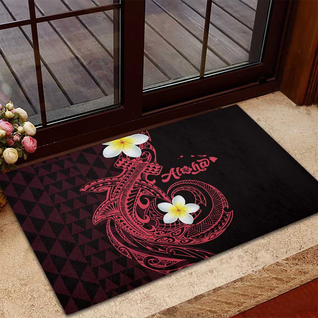 Aloha Hammerhead Shark Rubber Doormat Feverish Pink Hawaiian Kakau Tribal Tattoo