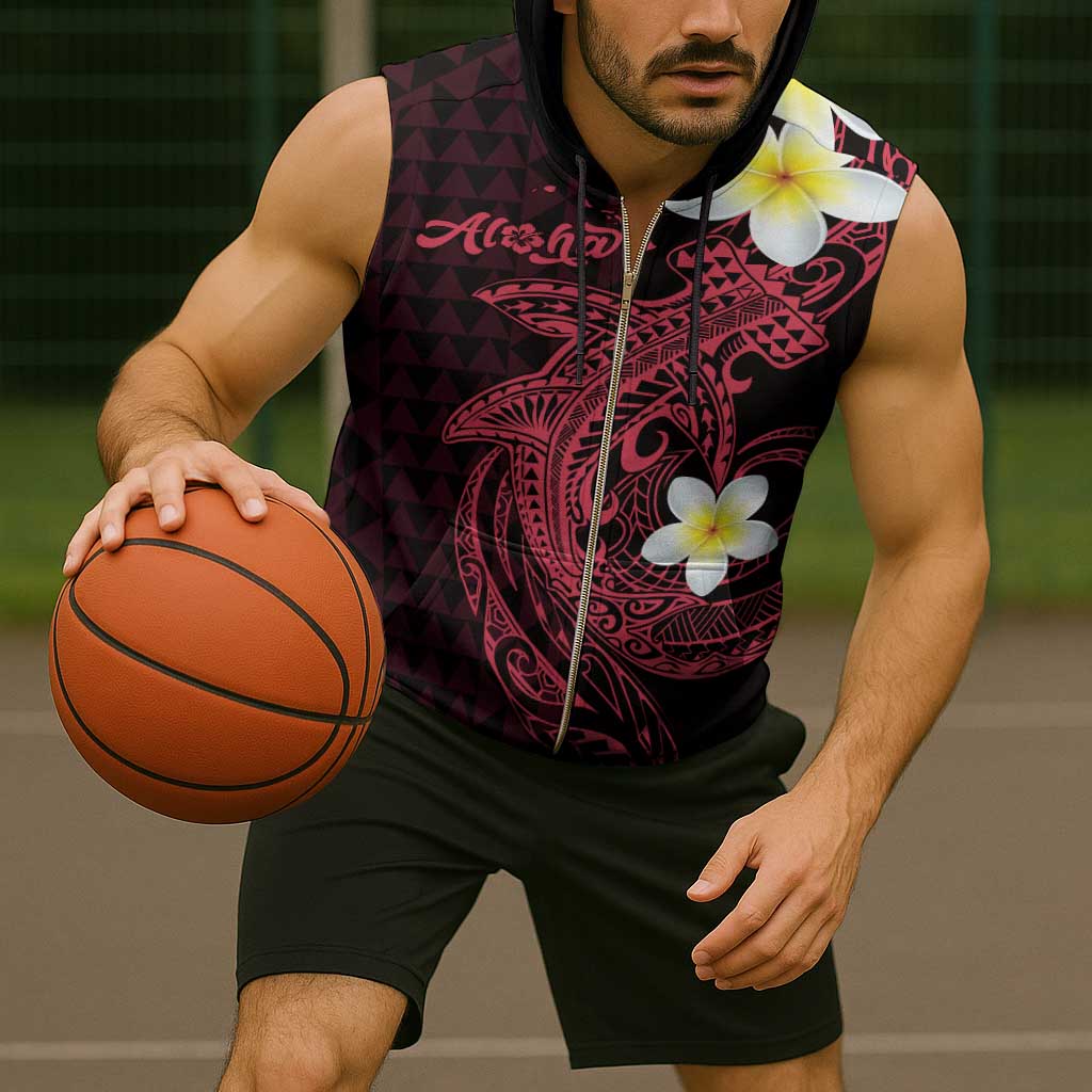 Aloha Hammerhead Shark Sleeveless Zip Hoodie Feverish Pink Hawaiian Kakau Tribal Tattoo - Polynesian Pride