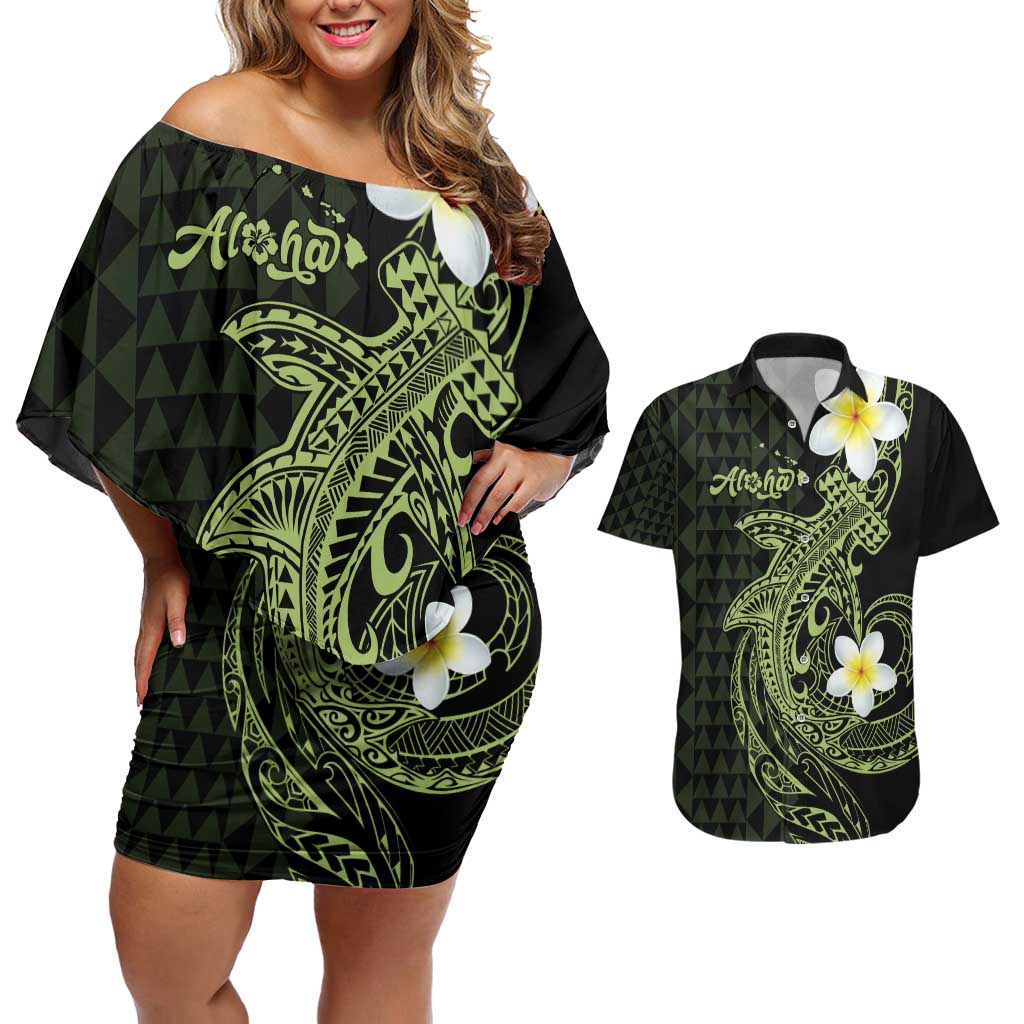 Aloha Hammerhead Shark Couples Matching Off Shoulder Short Dress and Hawaiian Shirt Lime Rickey Hawaiian Kakau Tribal Tattoo