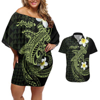 Aloha Hammerhead Shark Couples Matching Off Shoulder Short Dress and Hawaiian Shirt Lime Rickey Hawaiian Kakau Tribal Tattoo