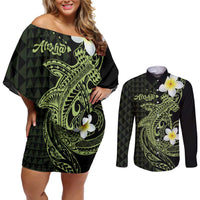 Aloha Hammerhead Shark Couples Matching Off Shoulder Short Dress and Long Sleeve Button Shirt Lime Rickey Hawaiian Kakau Tribal Tattoo
