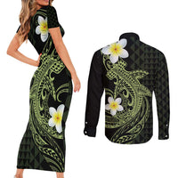 Aloha Hammerhead Shark Couples Matching Short Sleeve Bodycon Dress and Long Sleeve Button Shirt Lime Rickey Hawaiian Kakau Tribal Tattoo