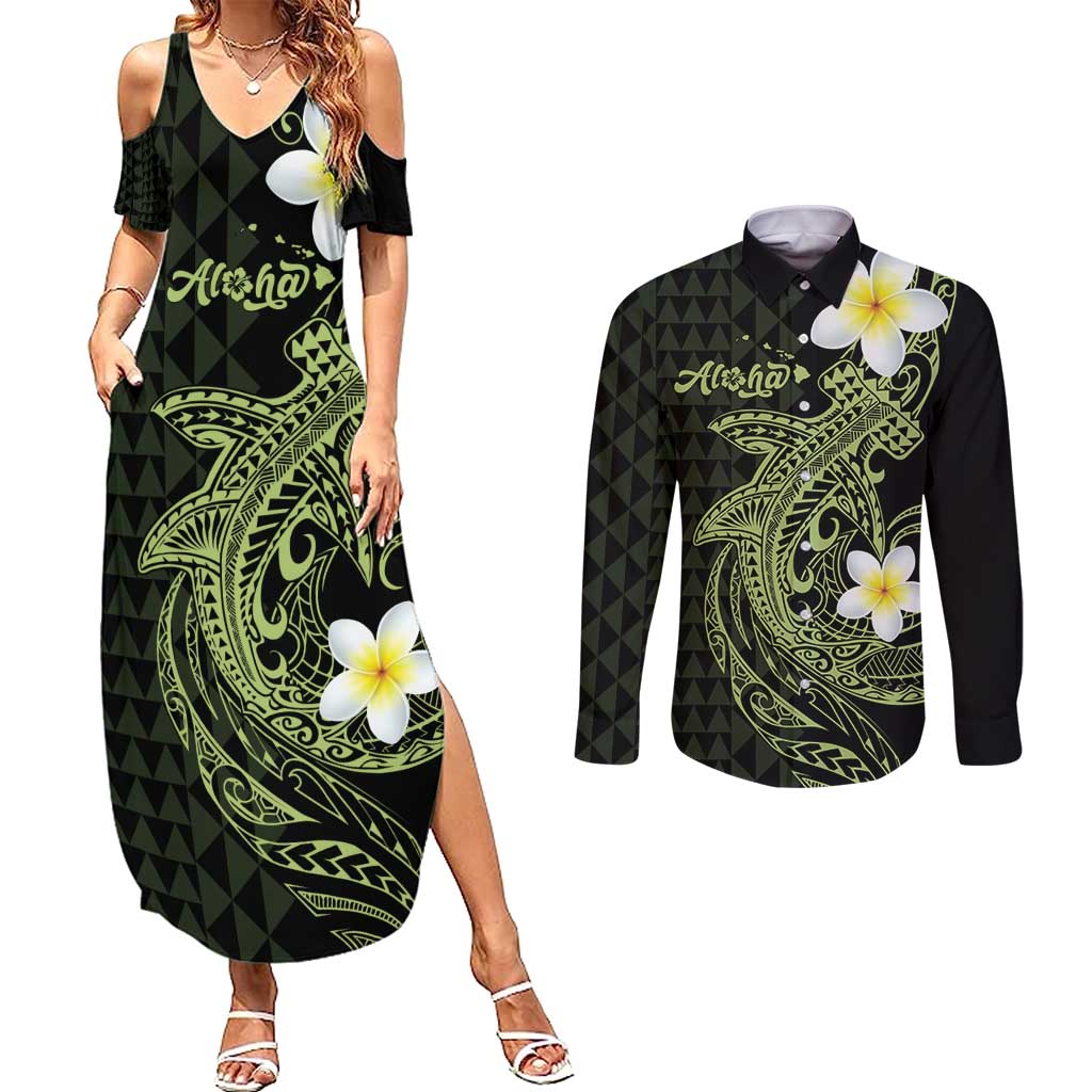 Aloha Hammerhead Shark Couples Matching Summer Maxi Dress and Long Sleeve Button Shirt Lime Rickey Hawaiian Kakau Tribal Tattoo