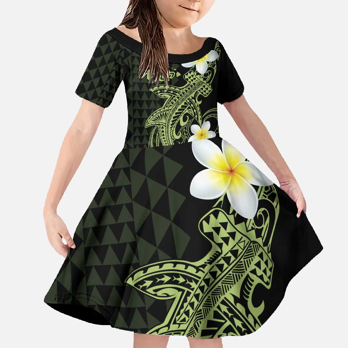 Aloha Hammerhead Shark Family Matching Off The Shoulder Long Sleeve Dress and Hawaiian Shirt Lime Rickey Hawaiian Kakau Tribal Tattoo