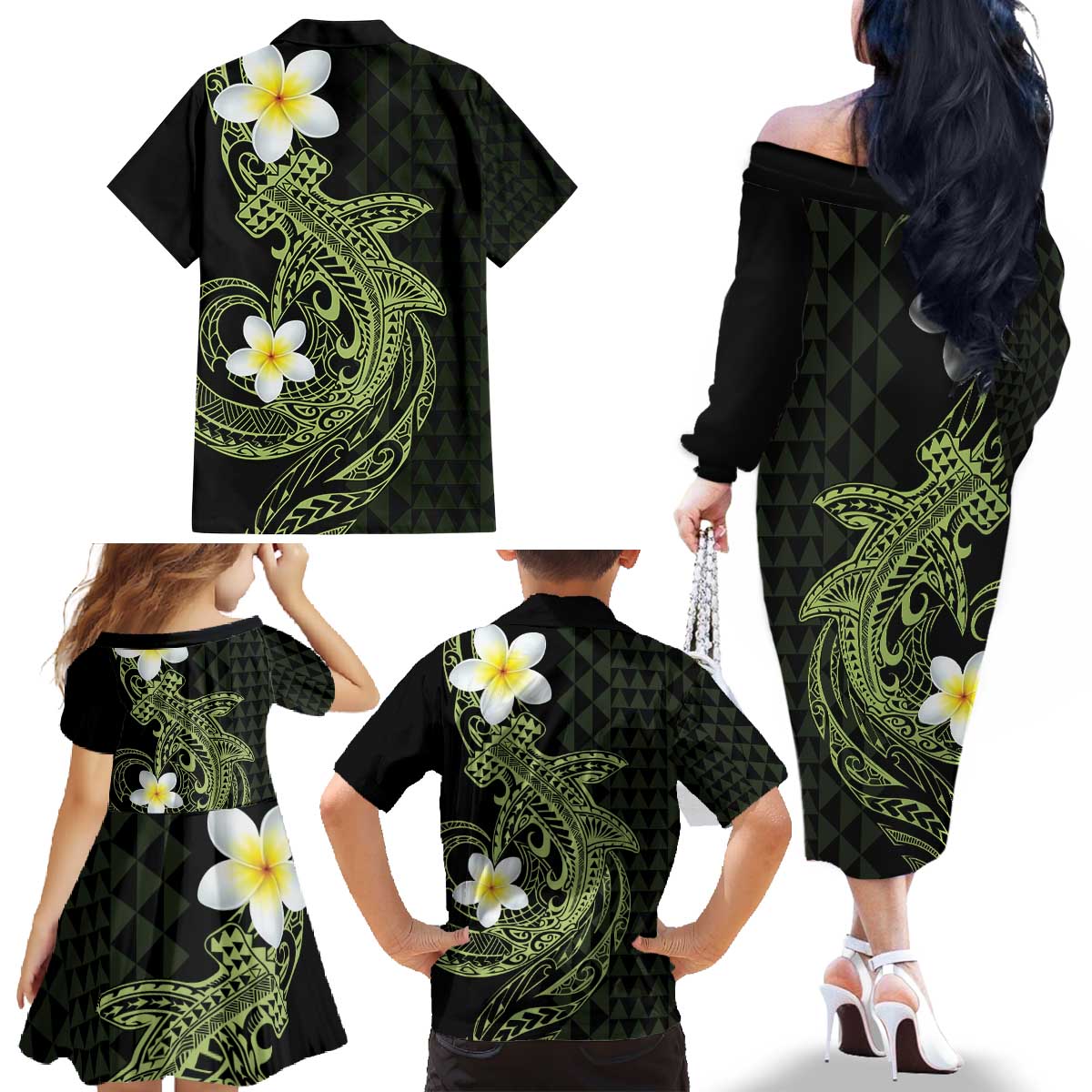 Aloha Hammerhead Shark Family Matching Off The Shoulder Long Sleeve Dress and Hawaiian Shirt Lime Rickey Hawaiian Kakau Tribal Tattoo